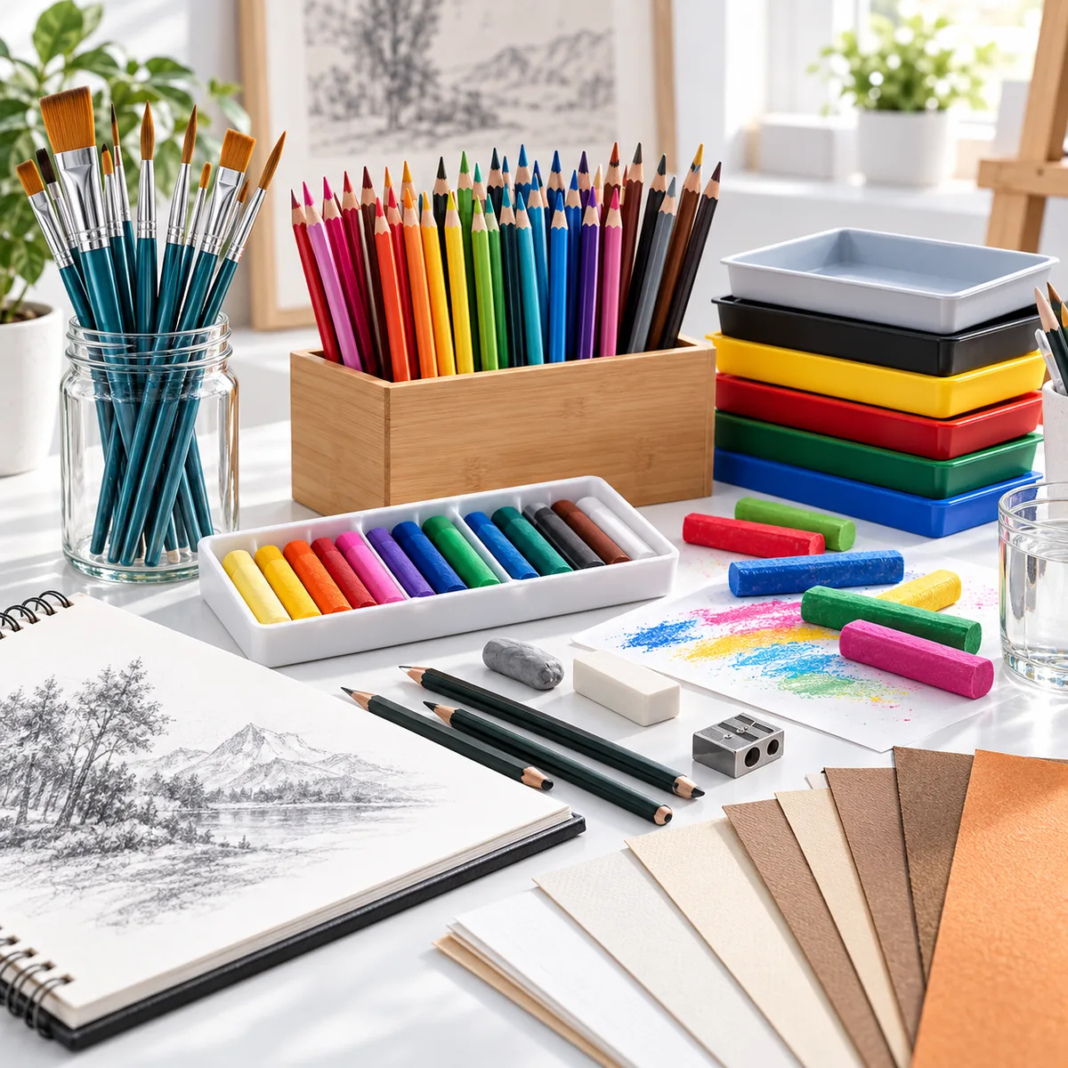 Fournitures de dessin et beaux-arts – crayons, pastels, pinceaux et papiers artistiques