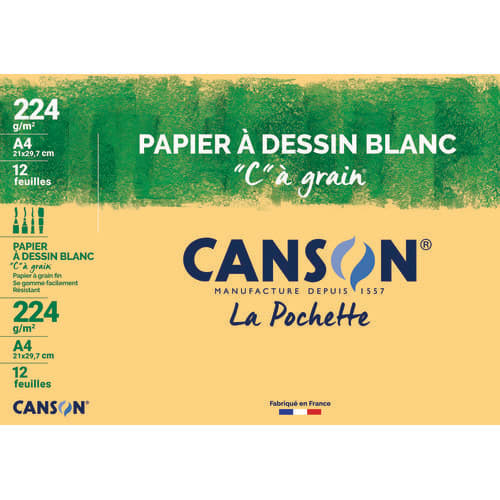 089718_d1-1.jpg CANSON Pochette 12 feuilles papier dessin Blanc CàGrain 224g format 21x29,7cm – Image 1