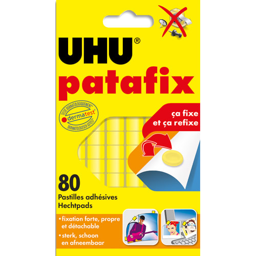 115571_d1.jpg UHU Etui de 6 bandes prédécoupées de 80 pastilles Patafix Jaune. Repositionnable à volonté. – Image 1