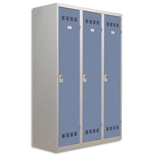 133033_d1-1.jpg PIERRE HENRY Vestiaire métal industrie sale 3 casiers largeur 120 cm Gris perle Bleu – Image 1