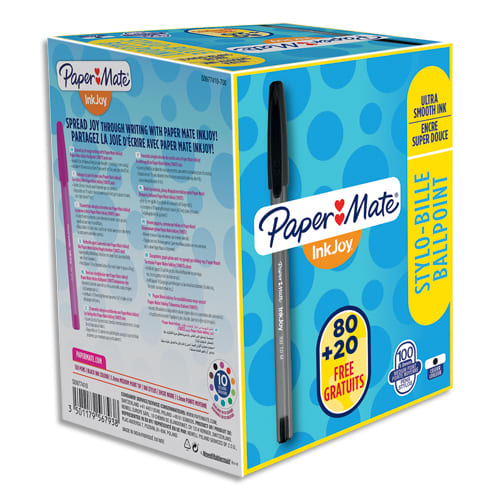 156145_d1.jpg PAPERMATE Boîte de 100 Stylos bille à capuchon INKJOY, pointe moyenne, encre Noire (80+20 gratuits) – Image 1