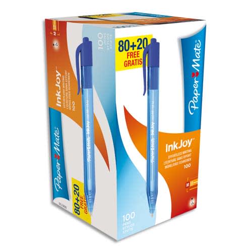 156168_d1.jpg PAPERMATE Boîte de 100 Stylos bille rétractables, pointe moyenne, encre ULV Bleue (80+20 gratuits) – Image 1