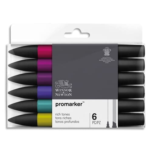 162078_d1-1.jpg WINSOR & NEWTON Set 6 marqueurs double pointe PROMARKER. A base d'alcool. Tons riches assortis – Image 1
