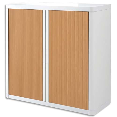 203800_d1-1.jpg EASYOFFICE Armoire démontable corps en PS teinté Blanc rideau Hêtre - Dim L110x H104x P41,5 cm – Image 1