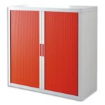 EASYOFFICE Armoire démontable corps en PS teinté Blanc rideau Rouge - Dim L110x H104x P41,5 cm