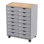 PAPERFLOW Desserte 16 tiroirs Grise plateau hêtre, 4 roulettes pivotantes - Dim L55,2 x H74,5 x P35 cm
