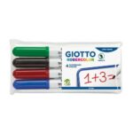 GIOTTO Pochette de 4 feutres effaçable à sec pointe ogive moyenne 4mm Bleu, Noir, Rouge, Vert