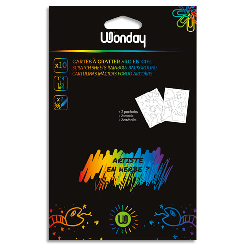 234073_d1-1.jpg WONDAY Paquet de 10 cartes à gratter arc en ciel format 10 x 15 cm avec 2 pochoirs et stylet bambou – Image 1