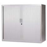 MT INTERNATIONAL Armoire basse métal monobloc Corps et Rideaux Gris clair 2 tablettes - Dim. 120x105x43cm