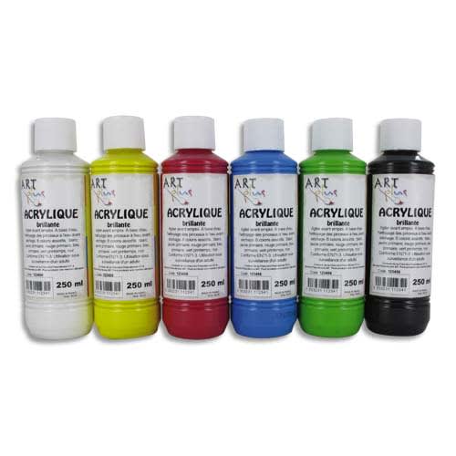 292475_d1-1.jpg ART PLUS Coffret de 6 x 250ml acrylique brillante Blanc, Jaune, Rouge, Bleu, Vert, Noir – Image 1