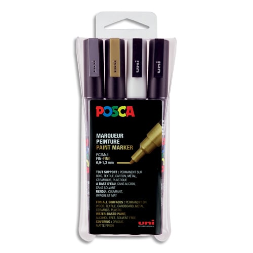 382858_d1.jpg POSCA Pochette de 4 marqueurs POSCA. Pointe fine conique 0,9-1,3mm. Coloris : or, argent, noir, blanc – Image 1