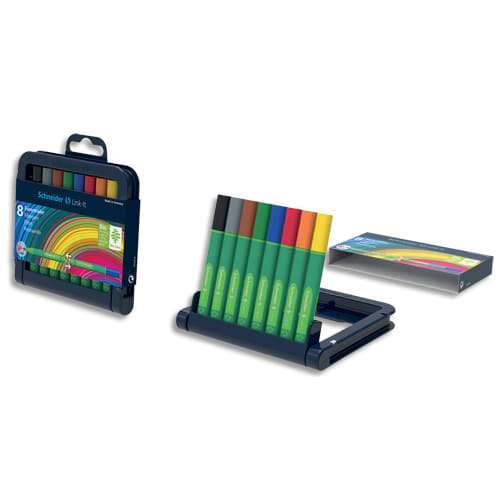 385201_d1.jpg SCHNEIDER Etui chevalet de 8 feutres FINELINER LINK-IT. Pointe fibre 1mm. Assortis. – Image 1
