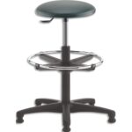 Tabouret grande hauteur vinyle Noir avec repose-pieds en acier chromé sur patins, réglable en hauteur