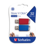 VERBATIM Pack de 2 clés USB 3.0 rétractables 32Go Store 'n' Click Rouge/Bleu 49308