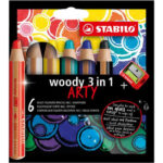 STABILO woody 3in1 ARTY crayon de couleur - Etui carton de 6 crayons + taille-crayon - Coloris assortis