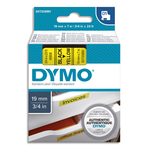 435446_d1-1.jpg DYMO Ruban D1 Noir/Jaune 19MMX7M pour 1000/1000+/2000/3500/4500/5000/5529 – Image 1