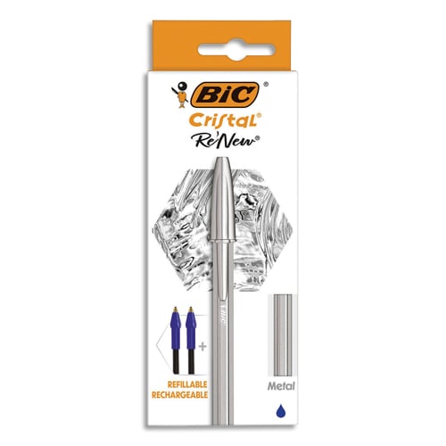 442014_d1.jpg BIC Cristal Re'New Stylo-Bille Pointe Moyenne Corps Argenté + Cartouches d'Encre Rechargeables Bleu x1+2 – Image 1