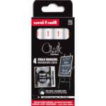 UNI-BALL Set de 4 marqueurs craie UNI CHALK MARKER. Pointe finie. Coloris : Blanc