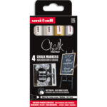 UNI-BALL Set de 4 marqueurs craie UNI CHALK MARKER. Pointe moyenne. Coloris : 2 Blanc, 1 argent, 1 or