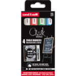 UNI-BALL Pochette 4 marqueurs craie CHALK. Pointe conique 1,8-2,5mm. Coloris Blanc,Vert Fluo,Rouge,Bleu