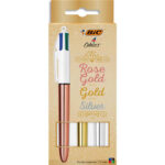 BIC Boîte de 3 stylos bille 4 Couleurs rétractable. Pointe moy 1mm. Corps Shine : or rose, argent, or