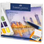 FABER CASTELL Boîte de 24 Demi godets Aquarelle. Palette détachable. Pinceau à eau fourni.