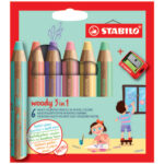 STABILO woody 3in1 crayon de couleur - Etui carton de 6 crayons + taille-crayon - Coloris pastel
