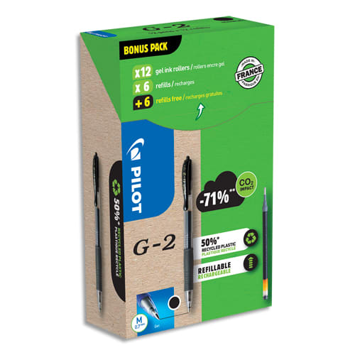 449587_d1.jpg PILOT Pack de 12 rollers G2 encre gel + 12 recharges. Pointe moyenne 0,7mm. Coloris noir – Image 1