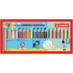 STABILO woody 3in1 crayon de couleur - Etui de 18 crayons (dont 6 pastel) + taille-crayon + pinceau rond