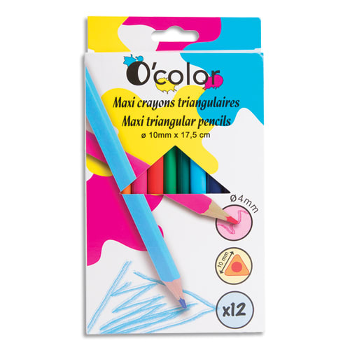 451746_d1-1.jpg O'COLOR Boîte de 12 maxi crayons de couleur en résine triangulaire. Diamètre 10mm, mine 4mm.Assortis – Image 1