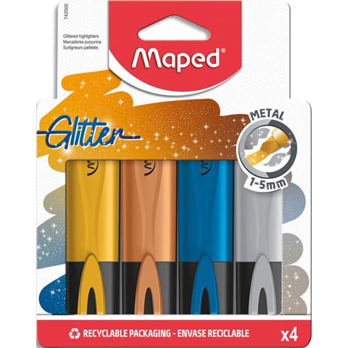 456138_d1.jpg MAPED Etui carton de 4 Surligneurs Fluopeps GLITTER METAL. Coloris Or, Cuivre, bleu métal, gris métal – Image 1