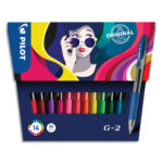 PILOT Pochette de 14 rollers à encre gel G-2. Pointe moyenne. Couleurs assorties
