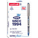 UNI-BALL Boîte de 12+4 rollers Eyes à encre liquide. Pointe en acier inoxydable 0,7 mm. Bleu