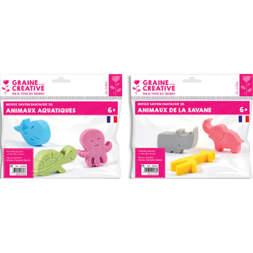 461638_d1-1.jpg GRAINE CREATIVE Lot de 2 moules thermoformés de 2X3 moules pour faire des savons - Thème Aqua et Savane – Image 1