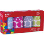 APLI KIDS Boîte de 4 rouleaux de gommettes géométriques 27mm, couleurs ass (bleu, fuchsia, gris et vert)