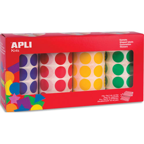 462411_d1-1.jpg APLI KIDS Boîte de 4 rouleaux de gommettes rondes 20 mm, couleurs assorties (bleu, rouge, jaune et vert) – Image 1
