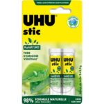 UHU Blister 2 stics colle blanche 8,2g ReNATURE. Tube bio fait à 58% d'origine végétale,100% recyclables.