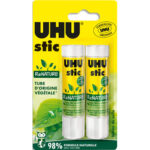 UHU Blister 2 stics colle blanche 21g ReNATURE. Tube bio fait à 58% d'origine végétale,100% recyclables.