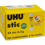 UHU Boîte de 24 stics de colle blanche de 8,2g. Sans solvant. Lavable à l'eau. Boîte indélotable