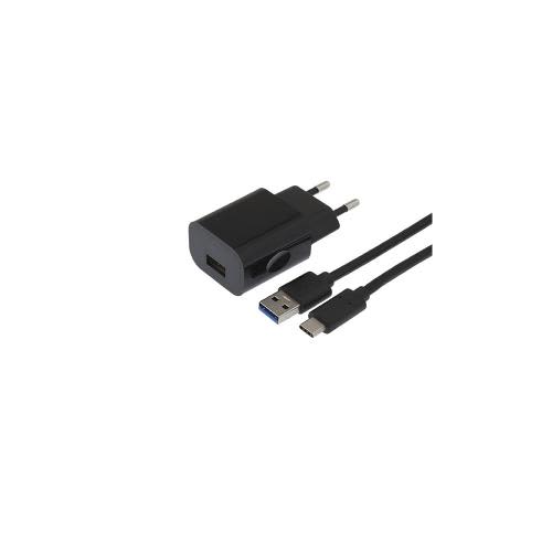 468676_d1-1.jpg APM Chargeur secteur, 1USB-A, 2.1 A, noir + (câble, USB-A / USB-C, 1m) 570339 – Image 1