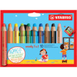 STABILO woody 3in1 crayon de couleur - Etui carton de 10 crayons + taille-crayon - Coloris assortis
