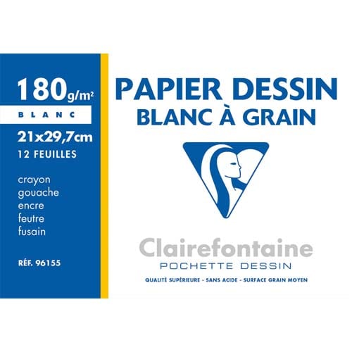 755418_d1-1.jpg CLAIREFONTAINE Pochette de 12 feuilles papier dessin Blanc A4 180g Ref-96155 – Image 1