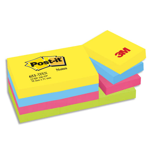 045321_d1-1.jpg POST-IT Lot de 12 blocs repositionnables coloris énergique dimensions 38x51mm 653TF – Image 1
