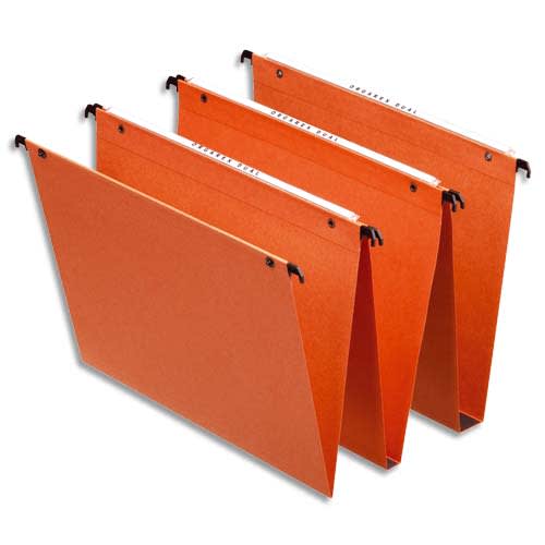 121151_d1.jpg ESSELTE Boîte de 25 dossiers suspendus DUAL TIROIR en kraft 220g. Fond 30, volet agrafage. Orange – Image 1