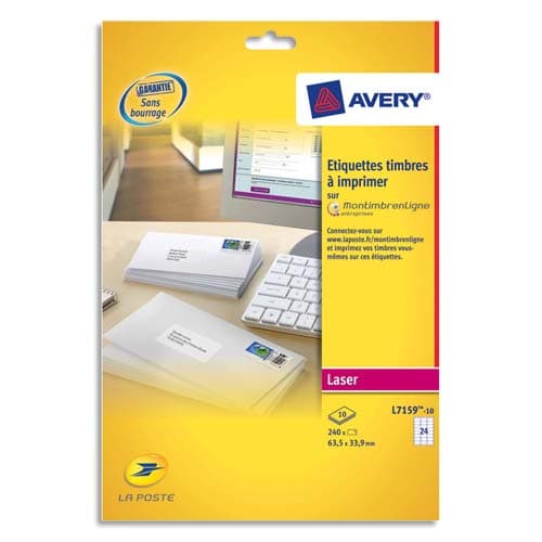 145196_d1-1.jpg AVERY Pochette de 240 étiquettes Laser Blanc 63.5X33.9mm Blanc L71159-10 (spéciales mon timbre en ligne) – Image 1
