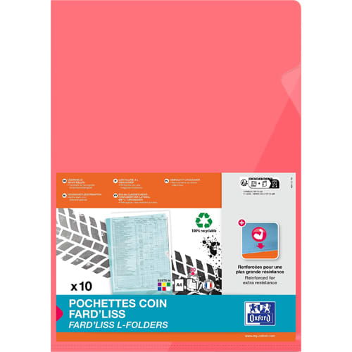 279657_d1.jpg OXFORD Sachet de 10 pochettes-coin Fard'liss incolore en PVC lisse 20/100e. Format A4. Coloris rouge – Image 1