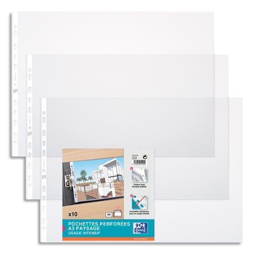 279819_d1.jpg OXFORD Sachet de 10 pochettes perforées en PVC 9/100e. Format A3 à l'italienne, perforation 9 trous. – Image 1