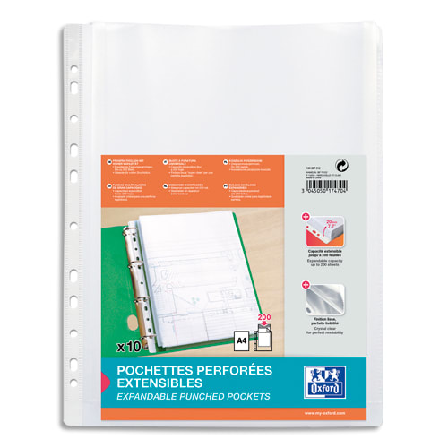 286051_d1.jpg OXFORD Sachet de 10 pochettes-plan sans rabat en polypro lisse 20/100e. Format A4, perforation 11 trous – Image 1