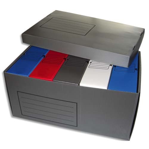 310061_d1.jpg Lot de 5 boîtes archives dos 10cm polypropylène assortis + 1 conteneur PP Gris – Image 1