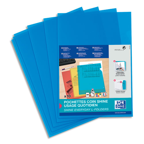 385976_d1.jpg OXFORD Sachet de 10 pochettes-coin incolore en polypropylène lisse 12/100e. Format A4. Coloris Bleu – Image 1